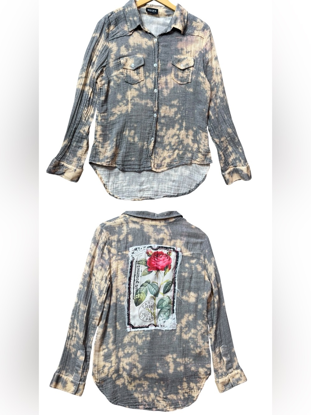 BOLUFE Cotton Rose Graphic Back Patch Button Down Shirt Large Boho⁠